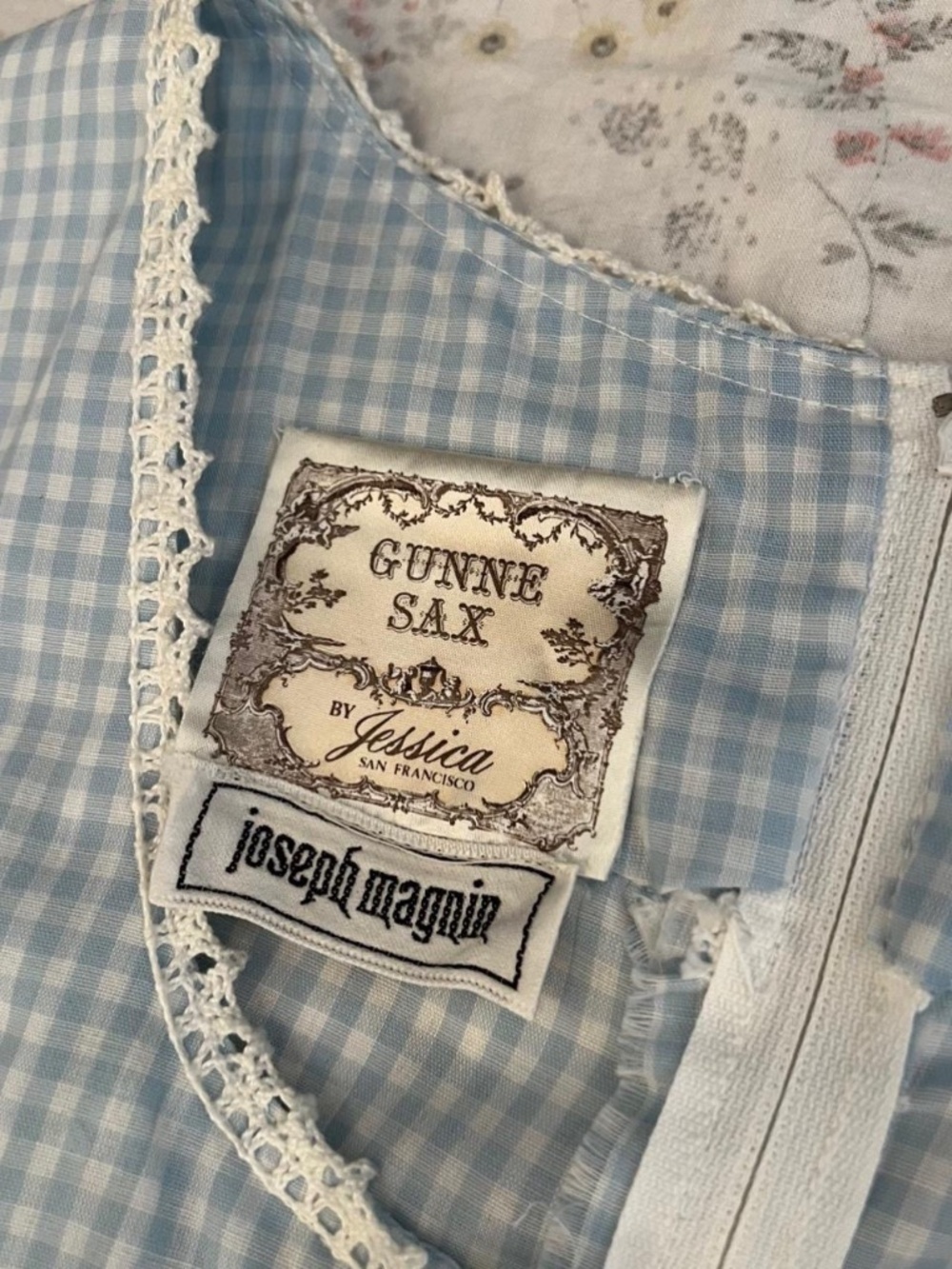 Rare 70s Gunne Sax Dress Sleeveless Light Blue Gingham Lace Corset Prairie - Picture 4 of 8